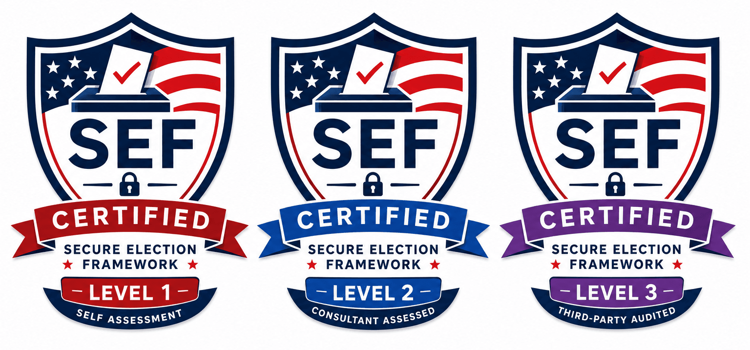 SEF Certification Badges — Level 1 Self Assessment, Level 2 Consultant Assessed, Level 3 Third-Party Audited
